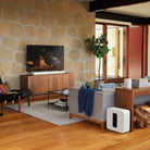 Living room with Sonos Sub and Sonos Arc in white