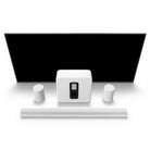 Sonos Sub 4 Wireless Subwoofer - White with separate Sonos Arc Ultra, satellite speakers top and front view angled down in front of television