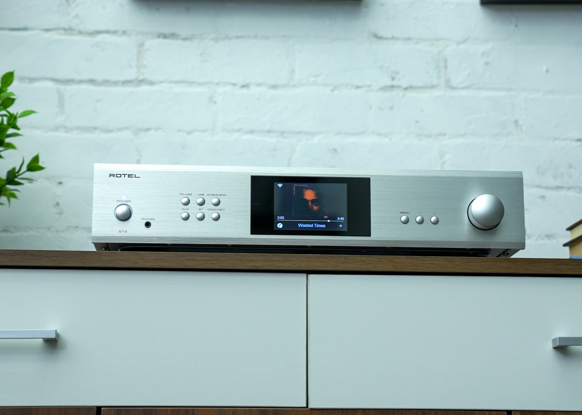 Rotel S14 integrated network streamer on a counter