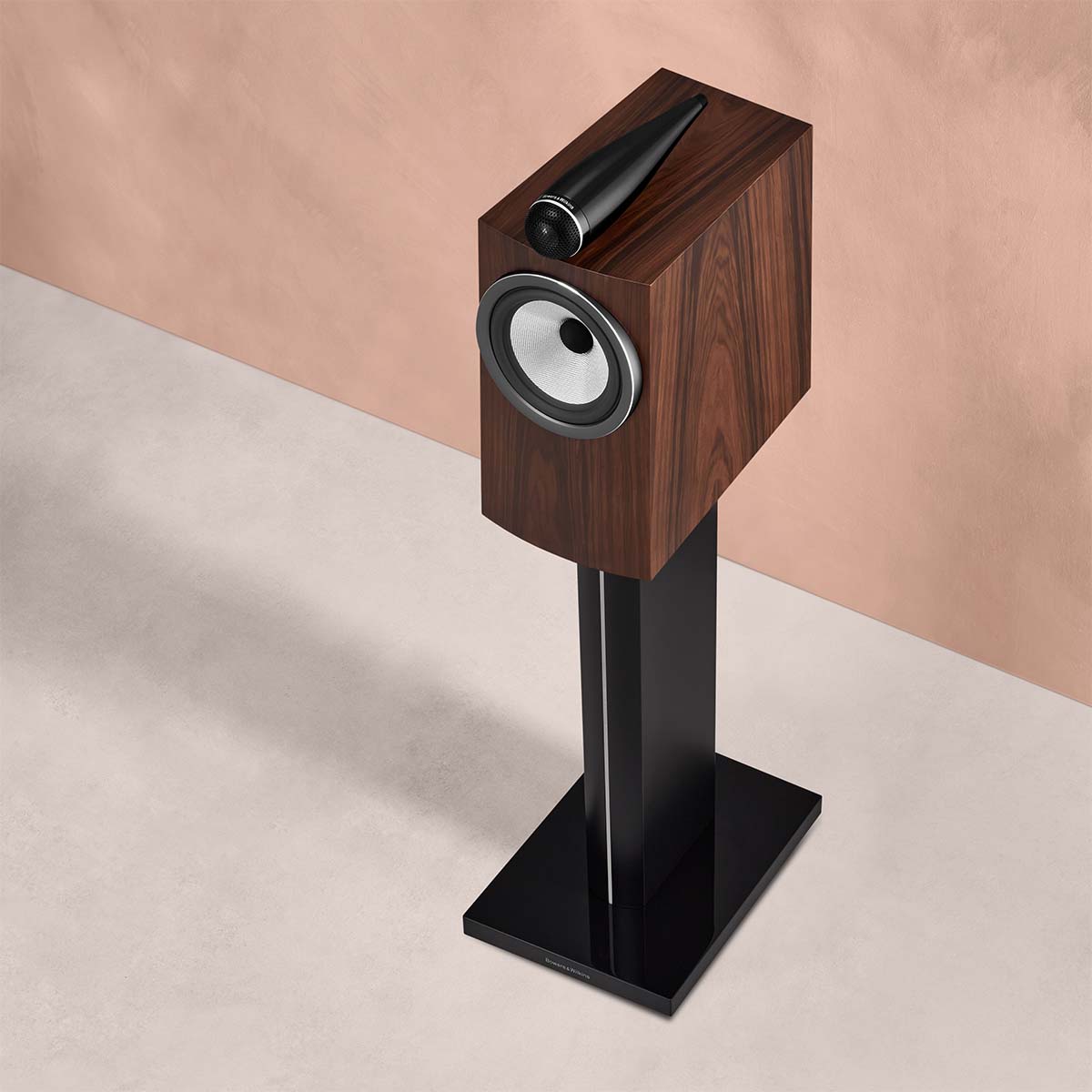 Bowers & Wilkins 705 S3 2-Way Stand Mount Bookshelf Loudspeaker lifestyle photo of woodgrain mocha