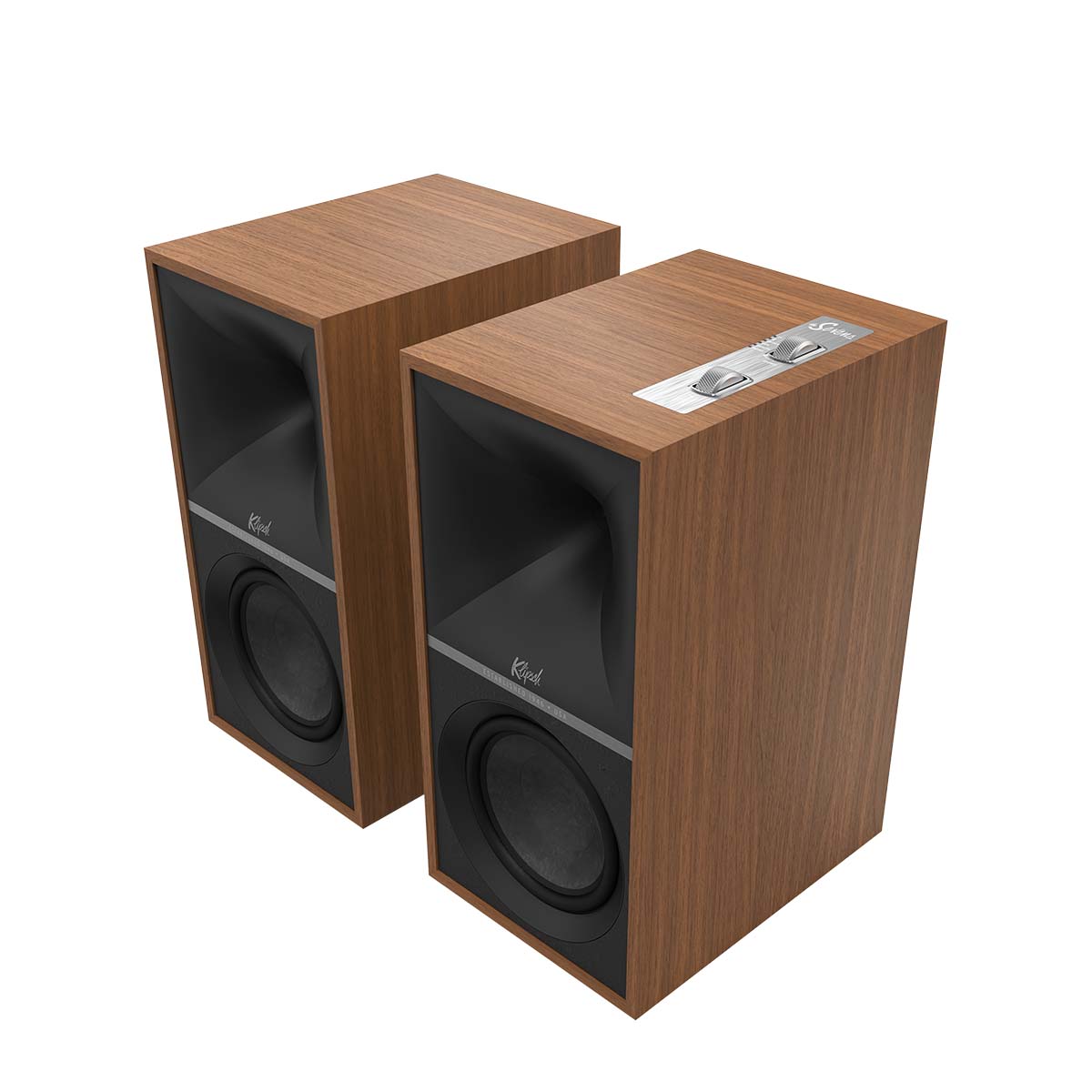 Klipsch The Sevens Powered Speakers - Pair - walnut angled front view without grille