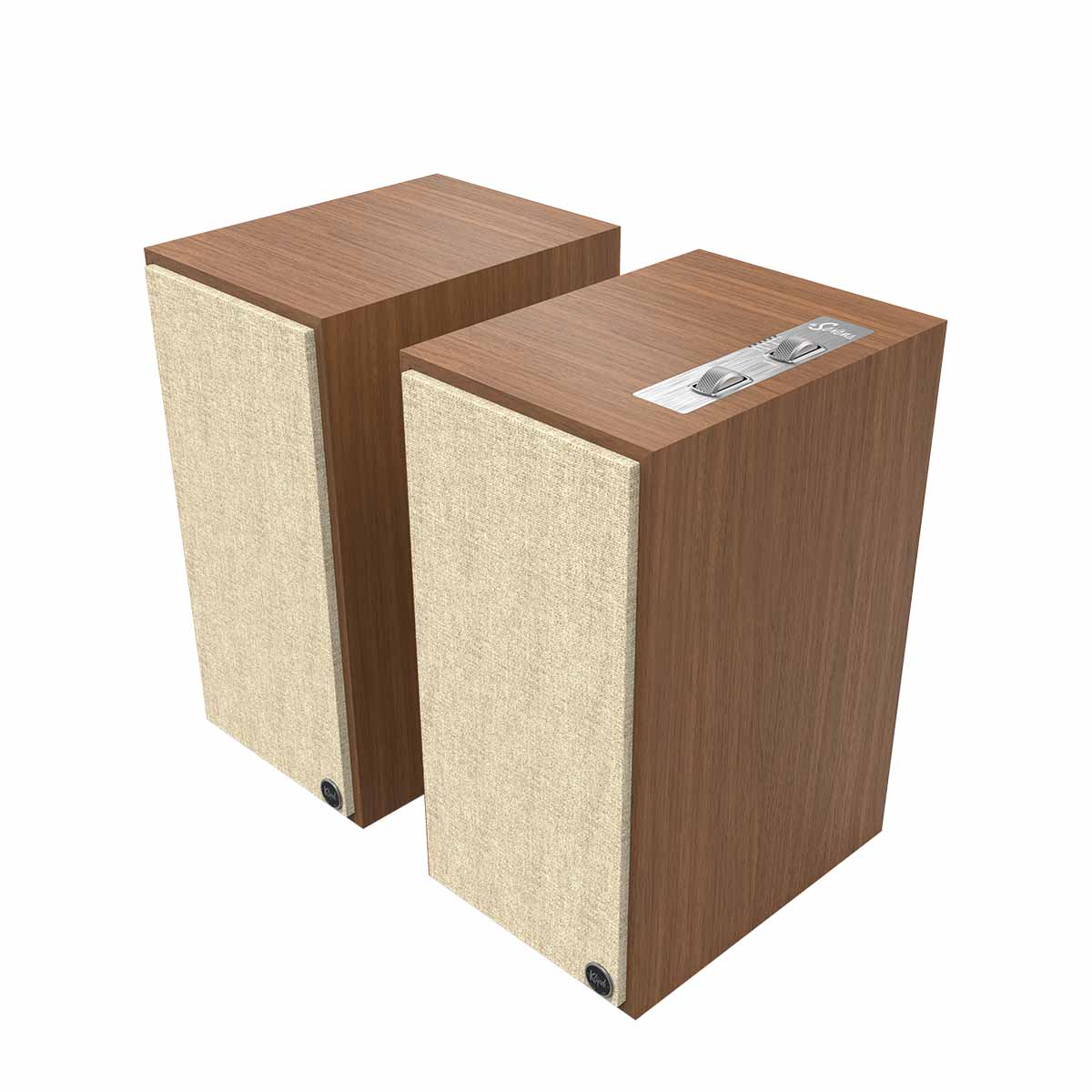 Klipsch The Sevens Powered Speakers - Pair - walnut angled front view with grille