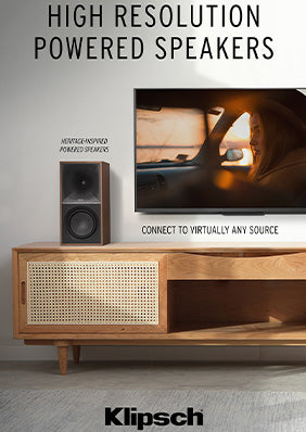 Klipsch Sevens Walnut on entertainment center